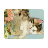 ヴィンテージ猫イラストレーションピンク色の花 マグネット (横)
