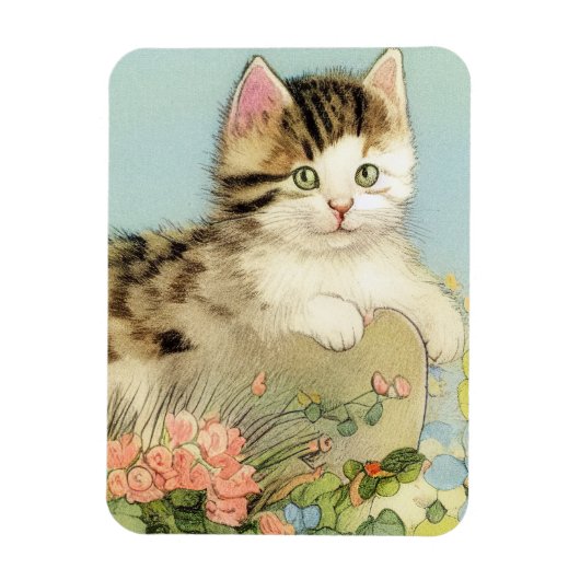 ヴィンテージ猫イラストレーションピンク色の花 マグネット (縦)