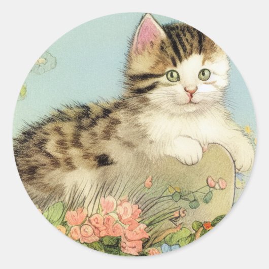 ヴィンテージ猫イラストレーションピンク色の花 ラウンドシール (正面)