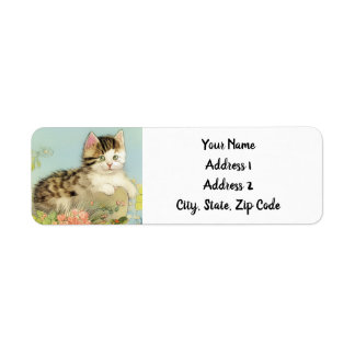 ヴィンテージ猫イラストレーションピンク色の花 ラベル