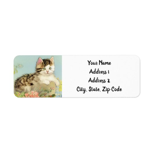 ヴィンテージ猫イラストレーションピンク色の花 ラベル (正面)