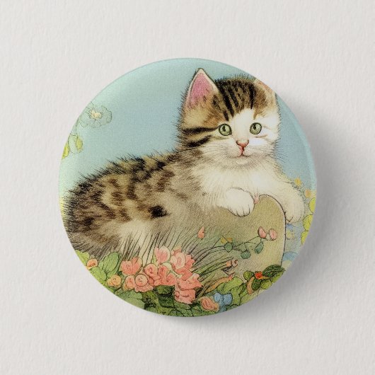 ヴィンテージ猫イラストレーションピンク色の花 缶バッジ (正面)