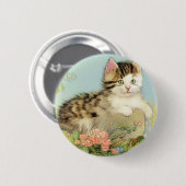 ヴィンテージ猫イラストレーションピンク色の花 缶バッジ (正面&裏面)