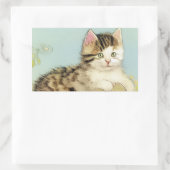 ヴィンテージ猫イラストレーションピンク色の花 長方形シール (バッグ)