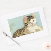 ヴィンテージ猫イラストレーションピンク色の花 長方形シール (封筒)