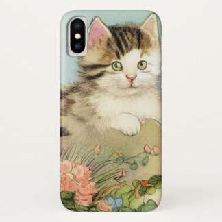 ヴィンテージ猫イラストレーションピンク色の花 iPhone X ケース