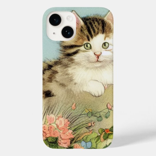 ヴィンテージ猫イラストレーションピンク色の花 Case-Mate iPhoneケース (裏面)