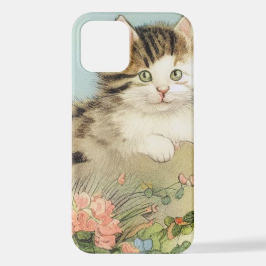ヴィンテージ猫イラストレーションピンク色の花 iPhoneケース (裏面)
