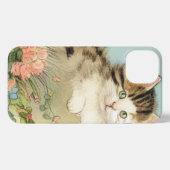 ヴィンテージ猫イラストレーションピンク色の花 iPhoneケース (裏面横)