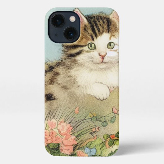 ヴィンテージ猫イラストレーションピンク色の花 iPhoneケース (裏面)