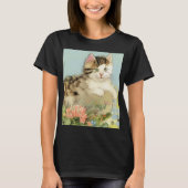ヴィンテージ猫イラストレーションピンク色の花 Tシャツ (正面)