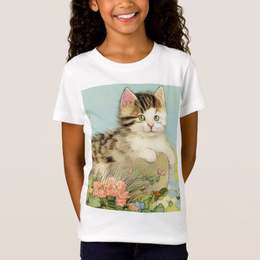 ヴィンテージ猫イラストレーションピンク色の花 Tシャツ (正面)