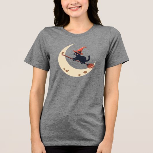 ヴィンテージ猫オンブルームクレセントムーンキュートハロウィーン トライブレンドＴシャツ (正面)