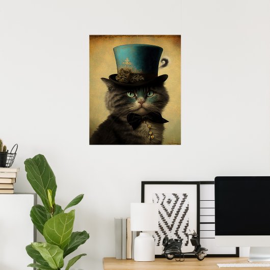 ヴィンテージ猫セルフポートレイト(ブルーハット) ファッションド ポスター (ホームオフィス)