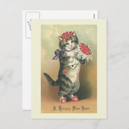 「ヴィンテージ猫ハッピーニューイヤー」はがき シーズンポストカード (正面/裏面)