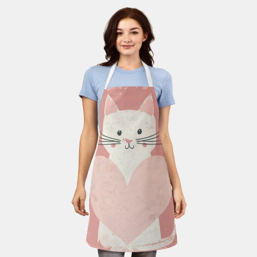 ヴィンテージ猫マンガエプロンハートとピンク エプロン (着用した状態)