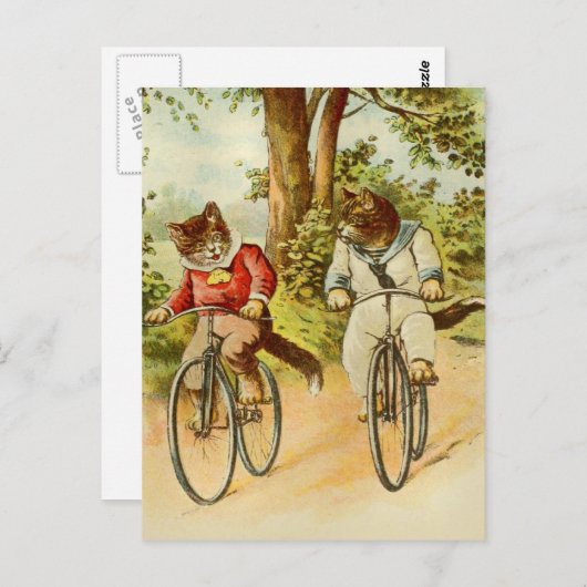 ヴィンテージ猫乗用自転車イラストレーションはがき ポストカード (正面/裏面)
