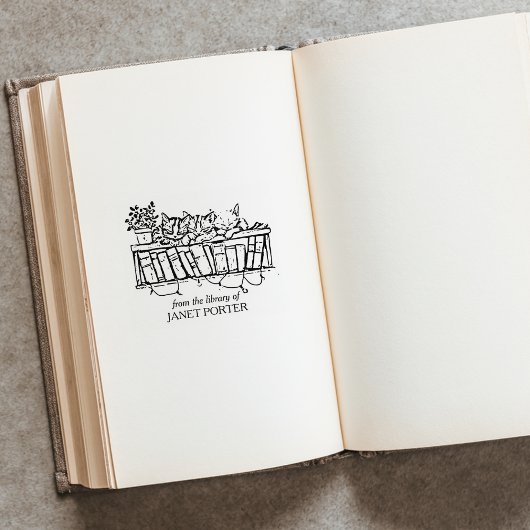 ヴィンテージ猫本棚蔵書票 ラバースタンプ