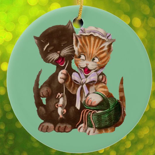 ヴィンテージ猫用ねずみギフトバスケット セラミックオーナメント