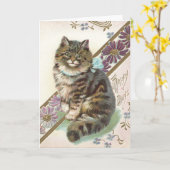 ヴィンテージ猫誕生日グリーティングカード カード (黄色い花)