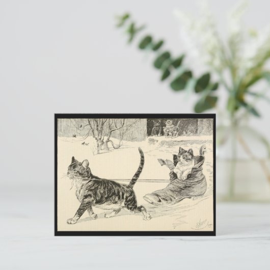 ヴィンテージ猫1883イラストレーション、靴におもしろいに乗る ポストカード (スタンド正面)