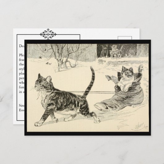 ヴィンテージ猫1883イラストレーション、靴におもしろいに乗る ポストカード (正面/裏面)