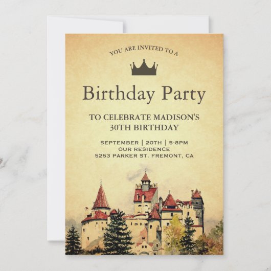 ヴィンテージ王室のおとぎ話の城の誕生日パーティー 招待状 (正面)