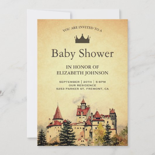 ヴィンテージ王室ののおとぎ話の城の赤ちゃんシャワー 招待状 (正面)