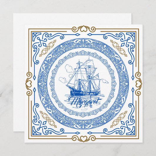 ヴィンテージ王室のアンティーク青縁ど船 (正面/裏面)