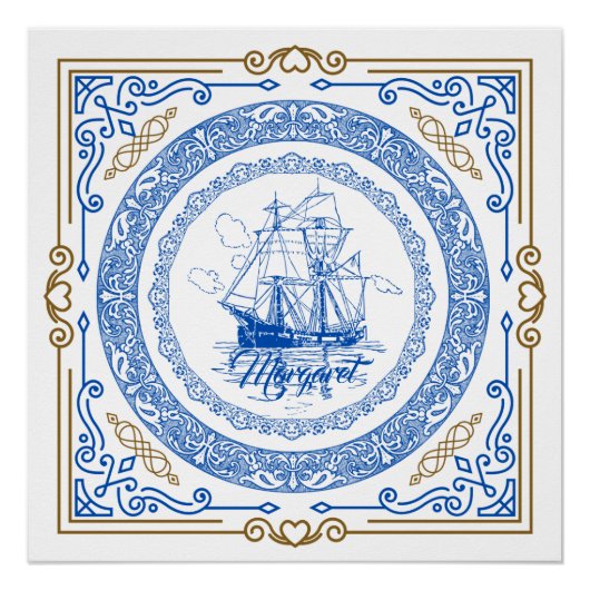 ヴィンテージ王室のアンティーク青縁ど船 ポスター (正面)