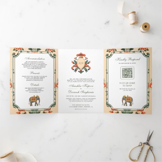 ヴィンテージ王室のクレゾウインディアンヒンドゥー結婚ズ 三つ折り招待状 (内部)