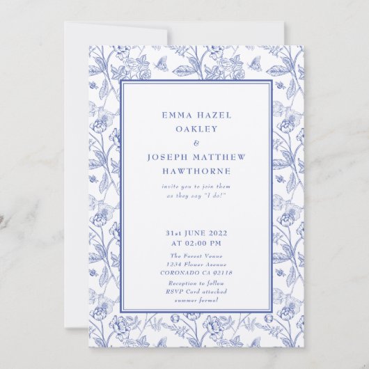 ヴィンテージ王室のクレパステル結婚ブルー 招待状 (正面)