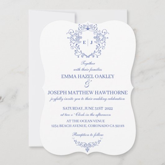 ヴィンテージ王室のクレパステル結婚ブルー 招待状 (正面)