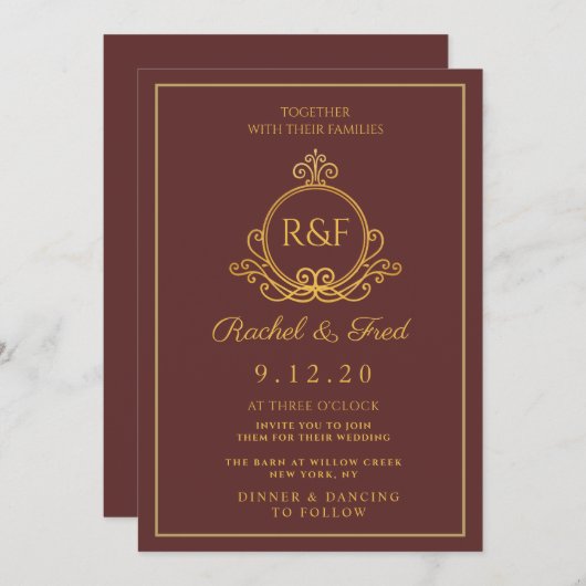 ヴィンテージ王室のゴールデン結婚モノグラムのホリデーカード シーズンカード (正面/裏面)