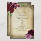 ヴィンテージ王室のダークピンクフローラスウィート16パーティー 招待状 (正面/裏面)