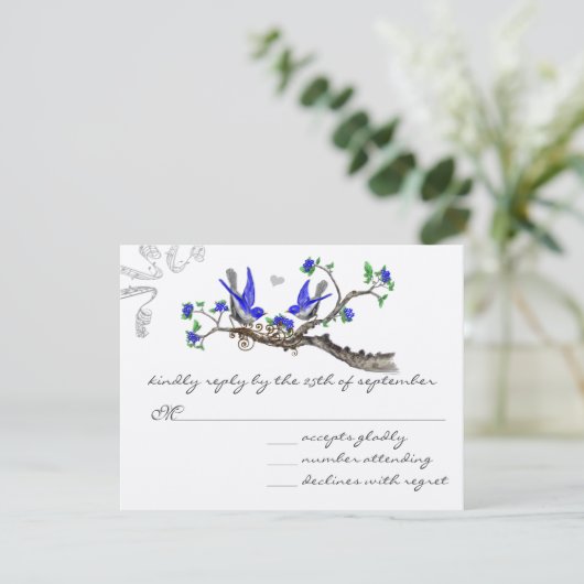 ヴィンテージ王室のブルーとグレーウェディングRSVP 出欠カード (スタンド正面)