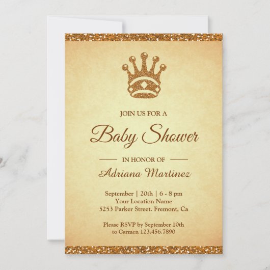 ヴィンテージ王室のプリンセス金ゴールドグリッターベビーシャワー 招待状 (正面)