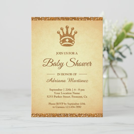 ヴィンテージ王室のプリンセス金ゴールドグリッターベビーシャワー 招待状 (スタンド正面)