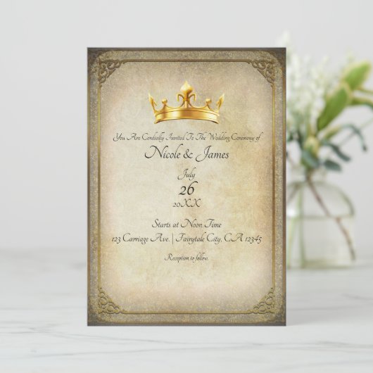 ヴィンテージ王室の金ゴールドクラウンエレガントな結婚式の招待 招待状 (スタンド正面)