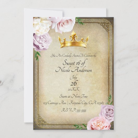 ヴィンテージ王室の金ゴールドクラウンフローラスウィート16パーティー 招待状 (正面)