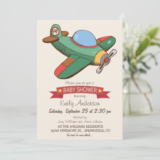 ヴィンテージ玩具飛行機赤ちゃんシャワー 招待状 (スタンド正面)