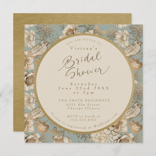 ヴィンテージ珍重フローラと鳥ブライダルシャワー 招待状 (正面/裏面)