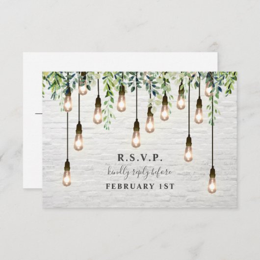 ヴィンテージ球根の緑の白レンガ結婚の 出欠カード (正面/裏面)