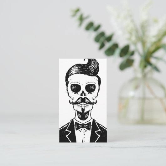 ヴィンテージ理容師ショップスカルソーシャルメディア縦書き 名刺 (スタンド正面)