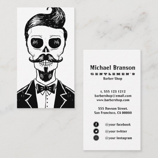 ヴィンテージ理容師ショップスカルソーシャルメディア縦書き 名刺 (正面/裏面)
