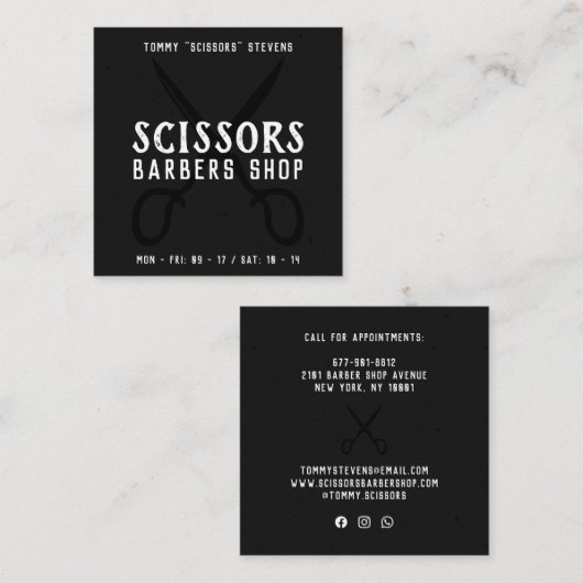 ヴィンテージ理容師ショップ白黒レトロシザーロゴ スクエア名刺 (正面/裏面)