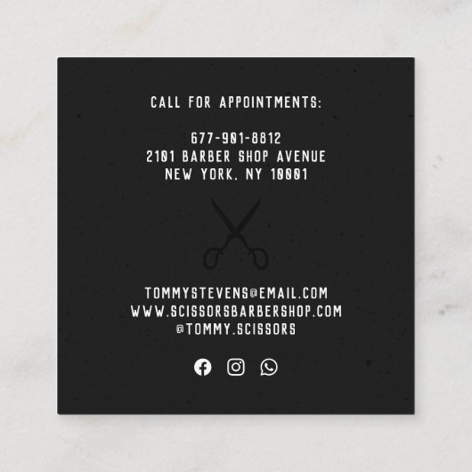 ヴィンテージ理容師ショップ白黒レトロシザーロゴ スクエア名刺 (裏面)