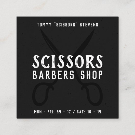 ヴィンテージ理容師ショップ白黒レトロシザーロゴ スクエア名刺 (正面)