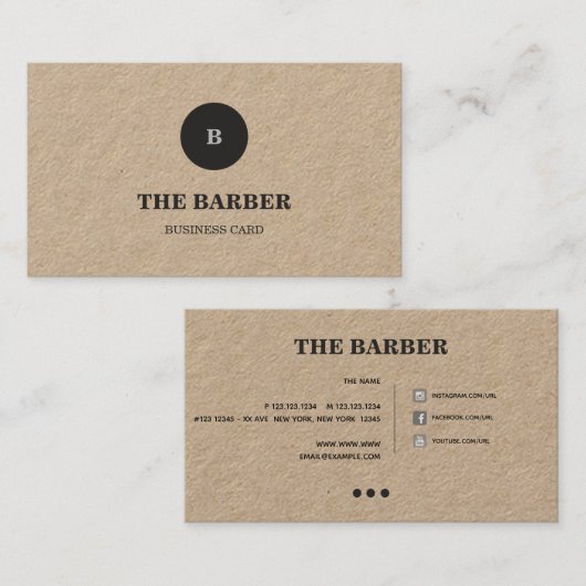 ヴィンテージ理容師ショップ（モノグラム/ソーシャルメディア付き） 名刺 (正面/裏面)