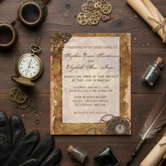 ヴィンテージ産業スチームパンク結婚式招待状 チラシ